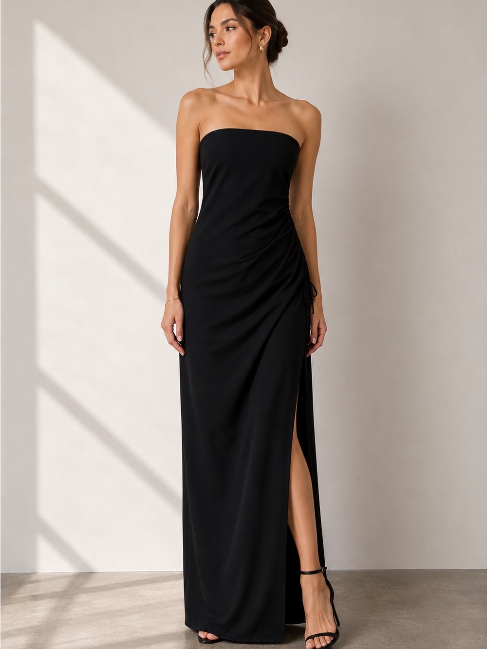 NWT St. John Couture Strapless Evening Dress Black Side Ruched Wool Blend Sz 10
